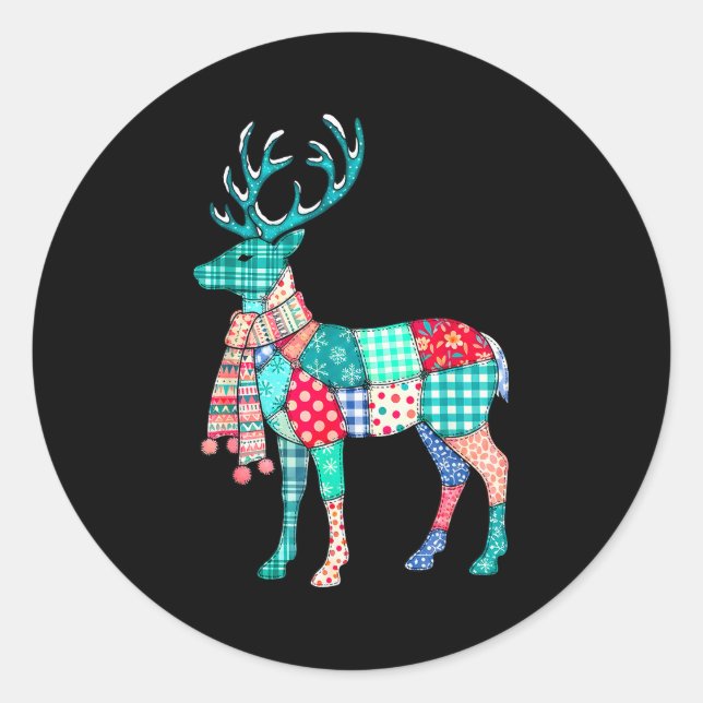 Christmas Reindeer Patchwork Reindeer Men Women Ki Classic Round Sticker (Front)