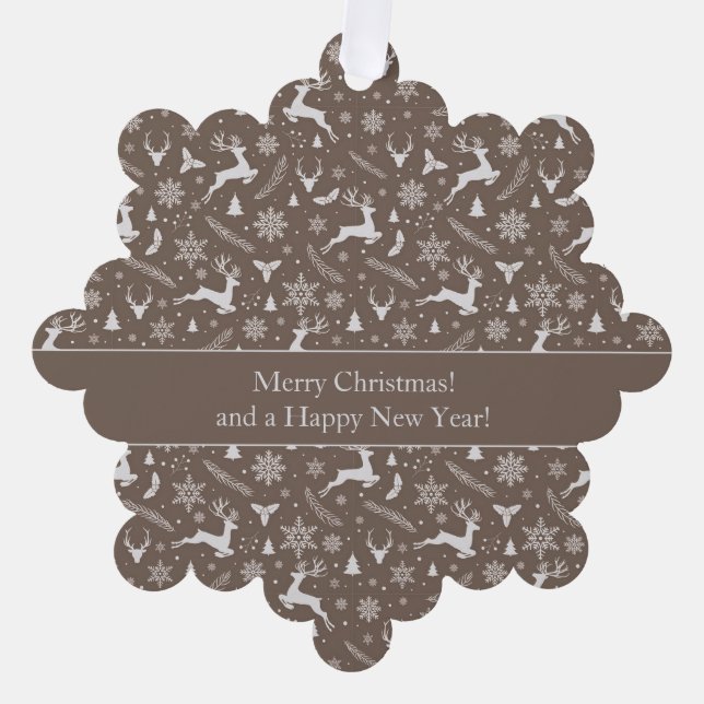 Christmas Reindeer Pattern Brown with Text Ornament Card (Front)