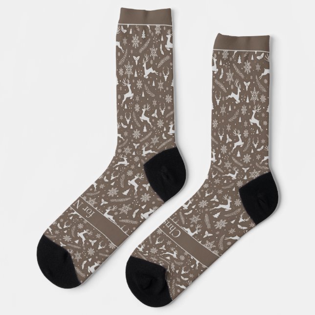 Christmas Reindeer Pattern Brown with Text Socks (Left)