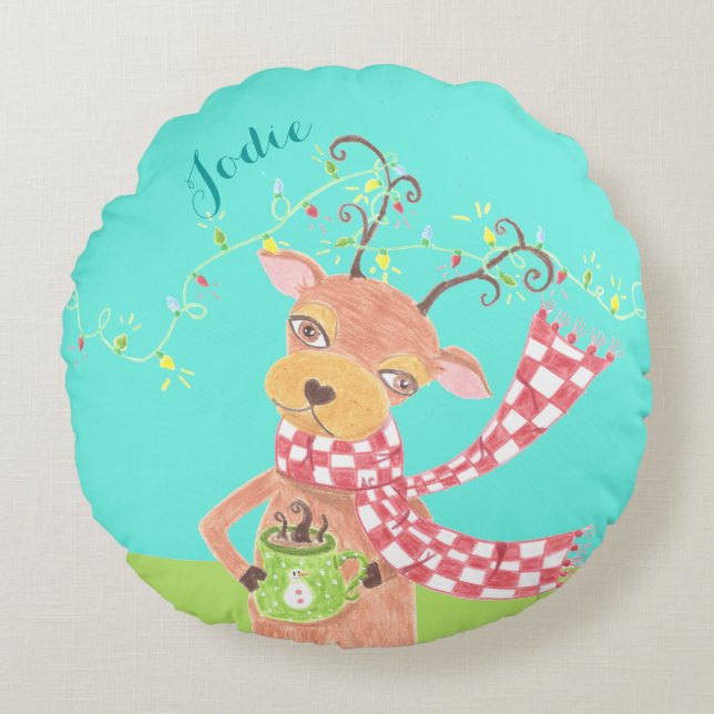 Christmas reindeer personalized kid round pillow (Front)