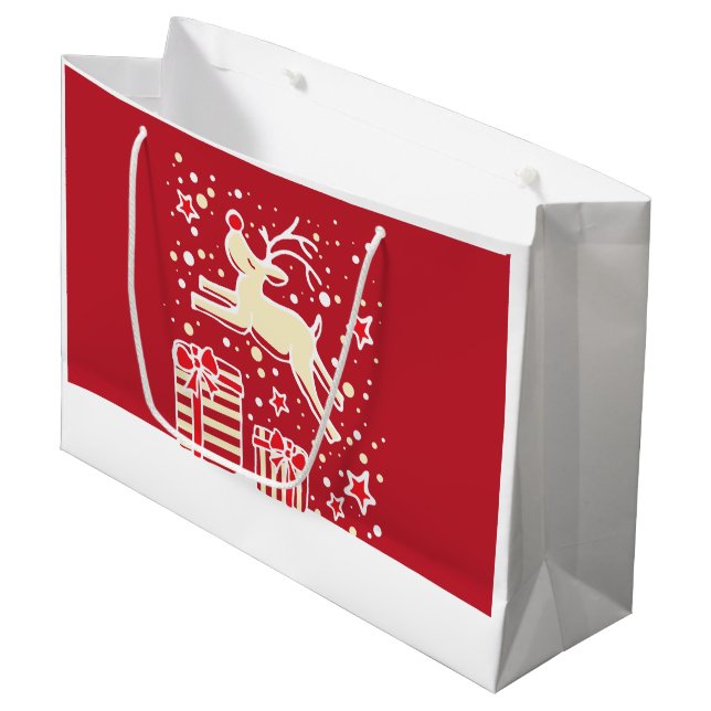 Christmas reindeer prancing over gifts gift bag (Front Angled)