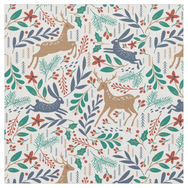 Christmas Reindeer & Rabbits Fabric (Close Up)