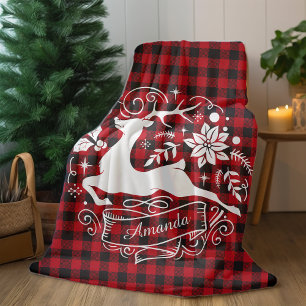 Christmas reindeer red baffalo plaid monogram Fleece Blanket