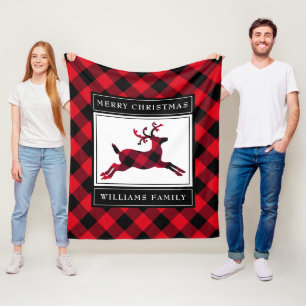 Christmas Reindeer Red Buffalo Plaid Custom Name Fleece Blanket