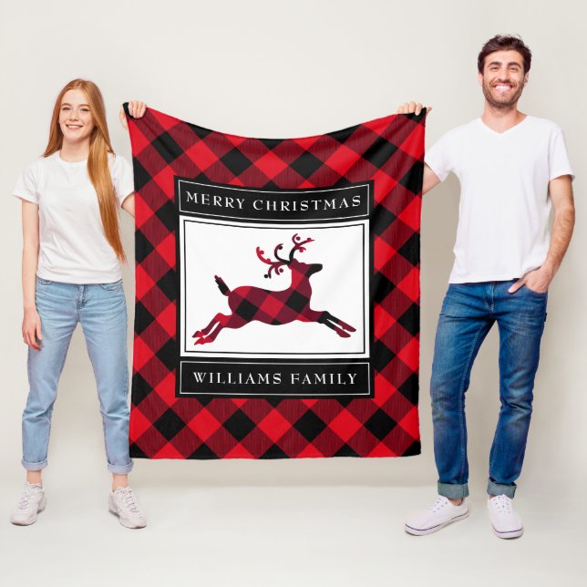 Christmas Reindeer Red Buffalo Plaid Custom Name Fleece Blanket (In Situ)