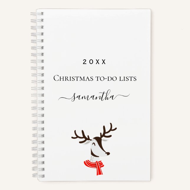 Christmas reindeer red white to do lists name notebook (Front)