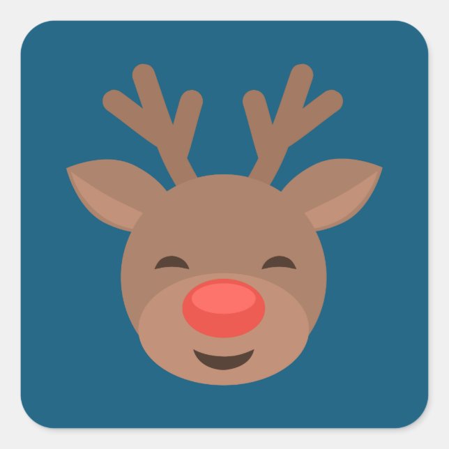 Christmas Reindeer Rudolf on Blue Square Sticker (Front)
