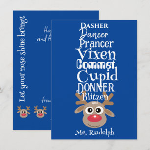 Christmas Reindeer Rudolph Fun Cute Blue Holiday Card