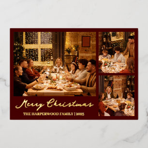  Christmas Reindeer Script Family Photo Collage Foil Holiday Card