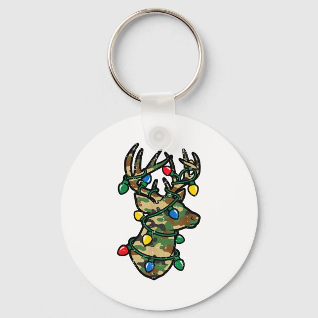 Christmas Reindeer Silhouette Camo Xmas Lights Men Keychain (Front)