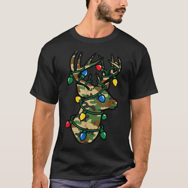 Christmas Reindeer Silhouette Camo Xmas Lights Men T-Shirt (Front)