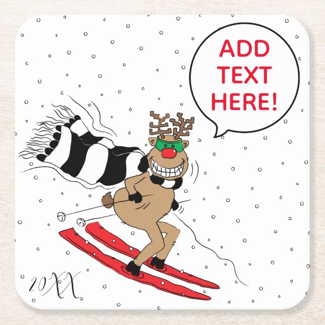 Christmas Reindeer Skiing Square Paper Coaster (Front)