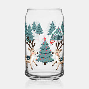 Christmas reindeer & snowman among tree can glass