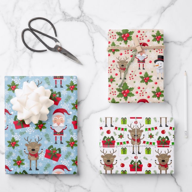 Christmas Reindeer Snowman Santa Wrapping Paper (Front)