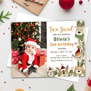  Christmas Reindeer Two Sweet 2nd Birthday Photo Invitation