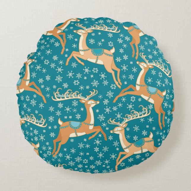Christmas Reindeer: Vintage Seamless Pattern. Round Pillow (Front)