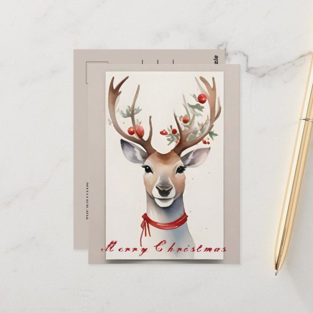 Christmas Reindeer Watercolor Postcard (Front/Back In Situ)