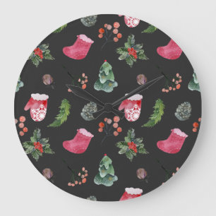 Christmas Reindeer: Watercolor Seamless Pattern Large Clock