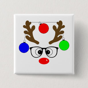 Christmas Reindeer with big glasses and ornaments 2 Inch Square Button