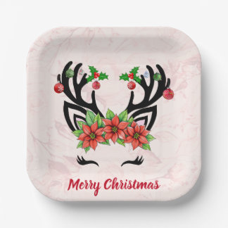 Christmas Reindeer With Floral Background Paper Plate