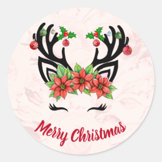 Christmas Reindeer With Floral Background Sticker