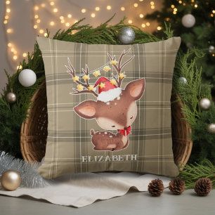 Christmas Reindeer With Plaid Background Throw Pil Throw Pillow