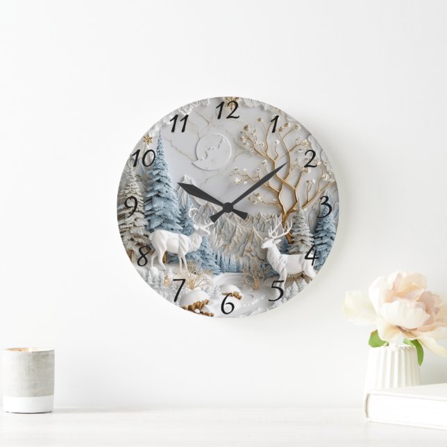Christmas Reindeer with Snowflakes Large Clock (Home)
