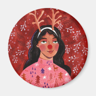 Christmas reindeer woman red magnet