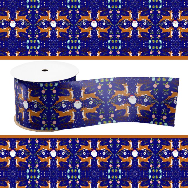 Christmas Reindeers Blue Seamless Pattern Satin Ribbon (Creator Uploaded)