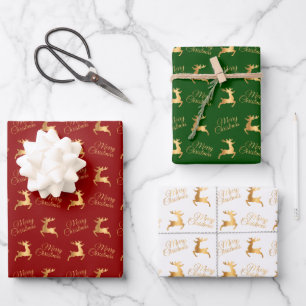 Christmas Reindeers on Red, Green and White Wrapping Paper Sheet