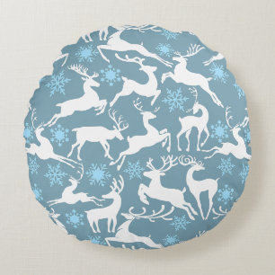 Christmas Reindeers Pattern, white 02 Grey BG Round Pillow