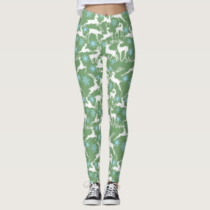 Christmas Reindeers Pattern, white 02 L Green BG Leggings