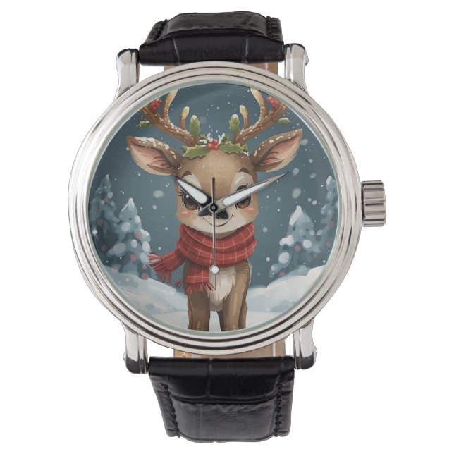 christmas reinder engraved modern leather elegant  watch (Front)