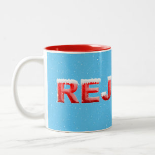 Christmas rejoice in red text and snowflake Two-Tone coffee mug