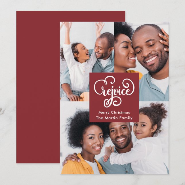 Christmas Rejoice Typography Red Photo Christmas Holiday Card (Front/Back)