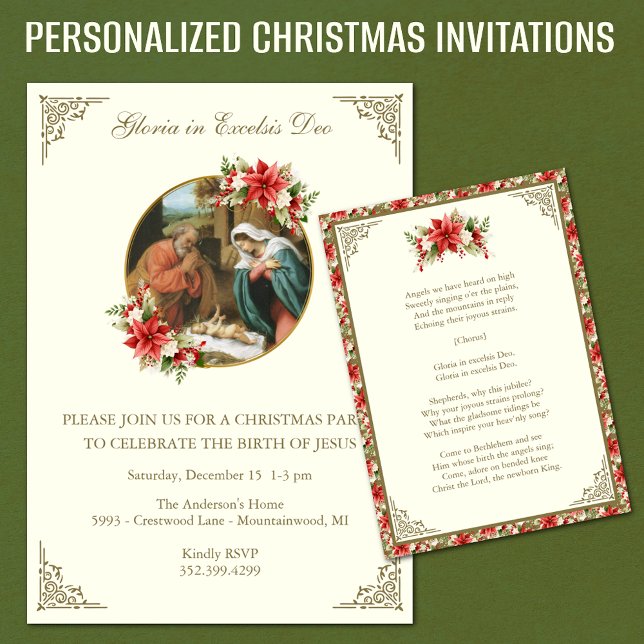 Christmas Religious Celebration Party for Jesus  Invitation (Personalized Vintage Christmas Invitations with Nativity Scene, Christmas Hymn and red poinsettias)