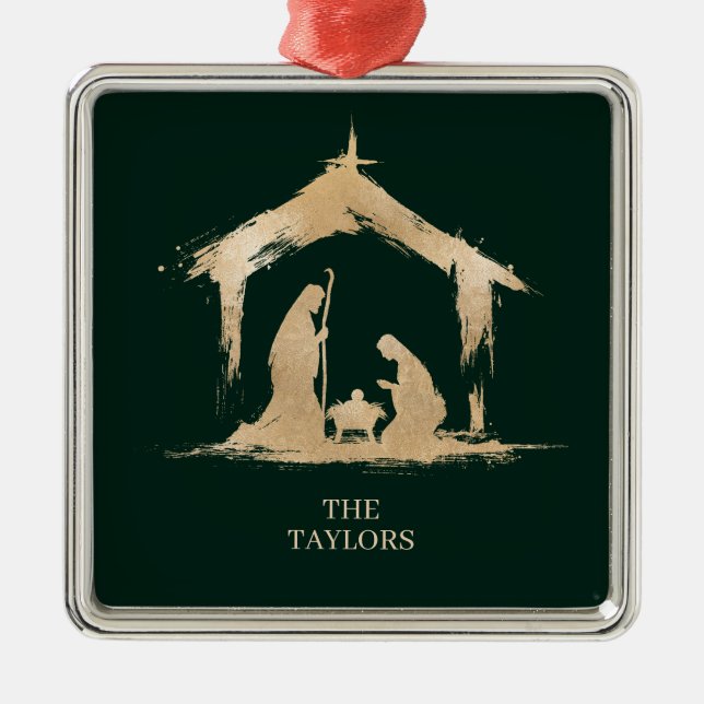 Christmas Religious Nativity Scene Family Photo Metal Ornament (Front)