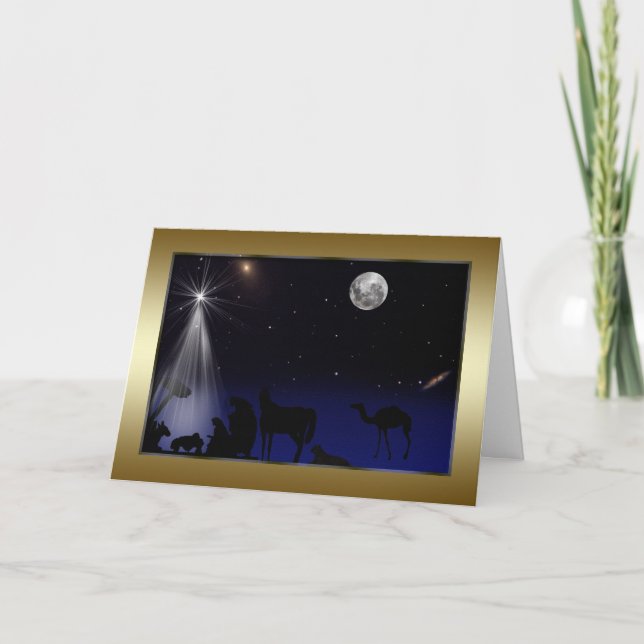 Christmas, Religious, Nativity, Stars, Moon Holiday Card (Front)