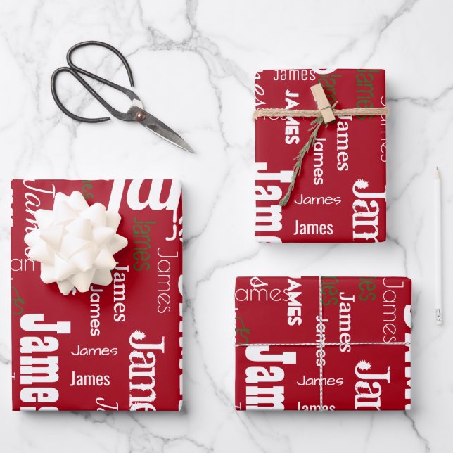 Christmas Repeating Name Red White Green Gift Wrapping Paper Sheet (Front)