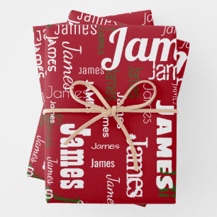 Christmas Repeating Name Red White Green Wrapping Paper Sheet