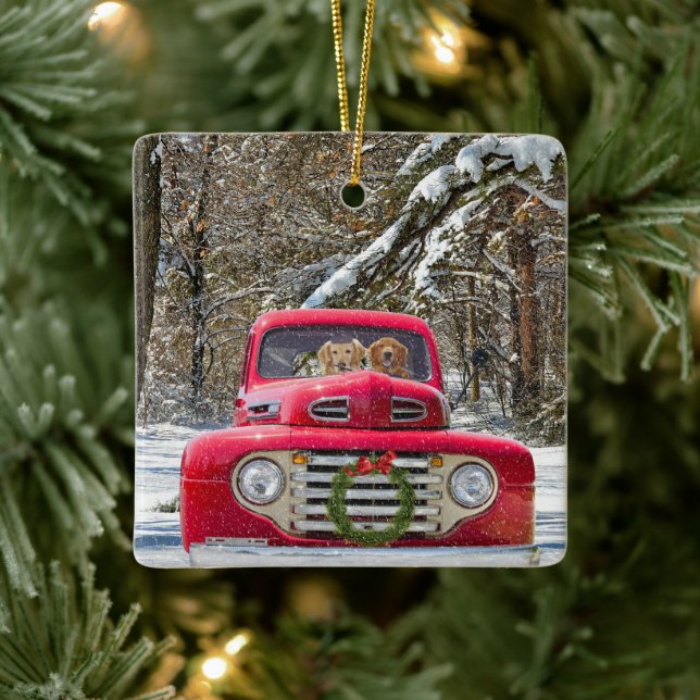Christmas Retrievers In Retro Truck Ceramic Ornament (Tree)