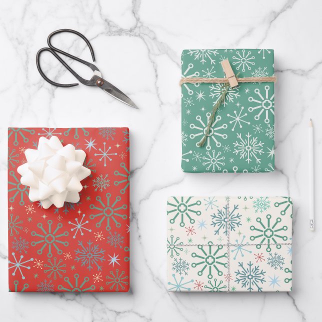 Christmas Retro 50s Snowflakes Pattern 3 Colours Wrapping Paper Sheet (Front)
