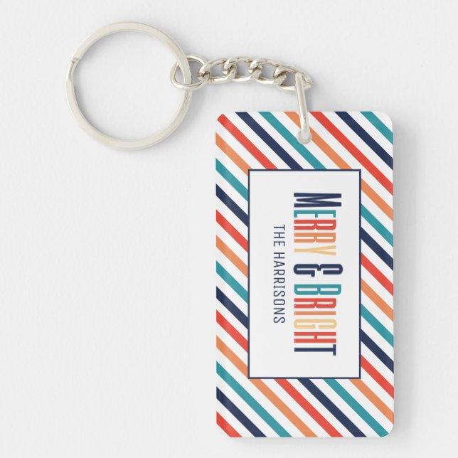 Christmas Retro Colourful Stripes Merry & Bright Keychain (Front)