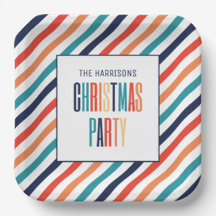Christmas Retro Colourful Stripes Merry & Bright Paper Plate