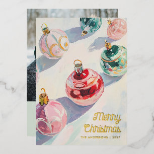 Christmas Retro Painting Pastel Custom Photo Foil Holiday Card