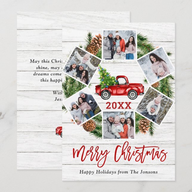Christmas Retro Red Farm Truck Greeting 6 PHOTO Holiday Card (Front/Back)