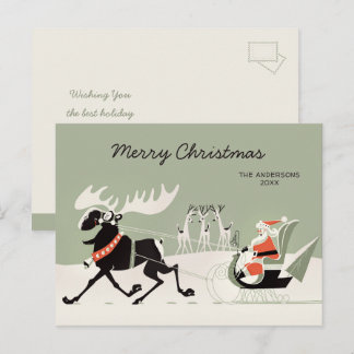 Christmas Retro Santa and moose sleigh CC1248 Postcard