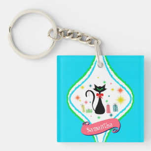 Christmas Retro Siamese Cat Personalize Name Keych Keychain