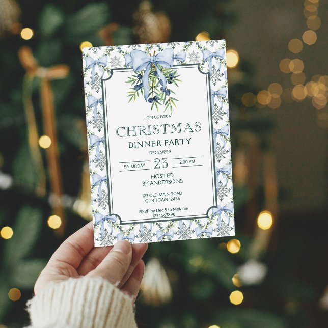 Christmas retro stripes grandmilenial dinner party invitation (Christmas retro pines blue bow grand millennial dinner party invitation cards template)