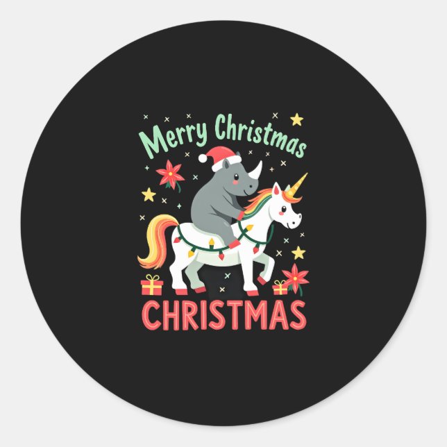 Christmas Rhino Merry Christmas Unicorn Rhino T-Sh Classic Round Sticker (Front)